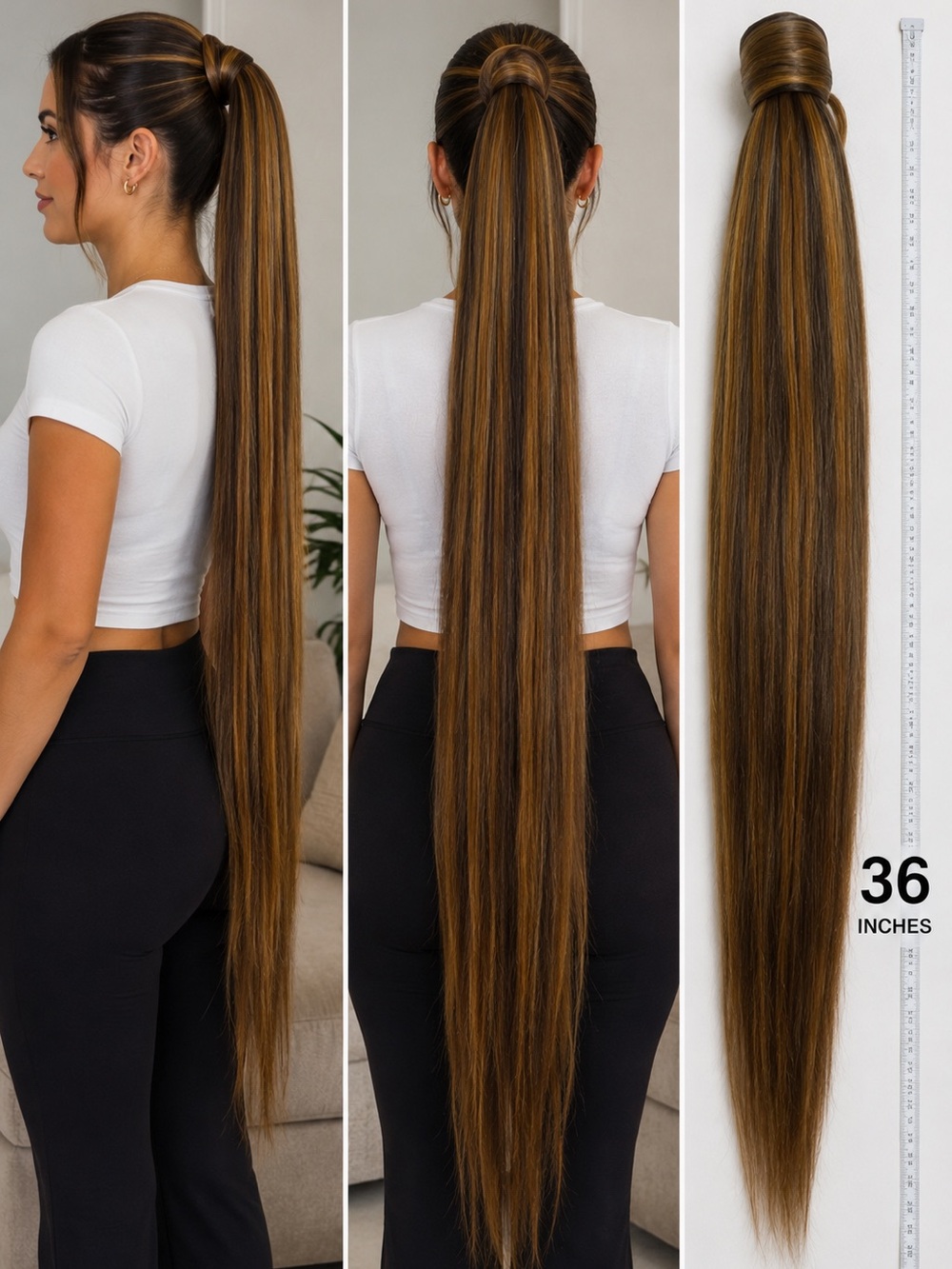 Long Brown Highlight Clip-In Ponytail Extension - 36 Inch